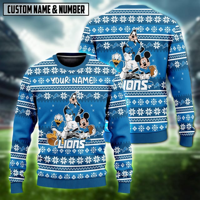 NFL x DET Disney Donald Duck Mickey Mouse Goofy Ugly Christmas Sweater V1 NAK