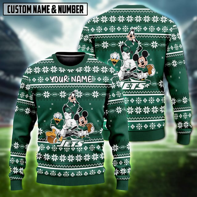 NFL x NYJ Disney Donald Duck Mickey Mouse Goofy Ugly Christmas Sweater V1 NAK