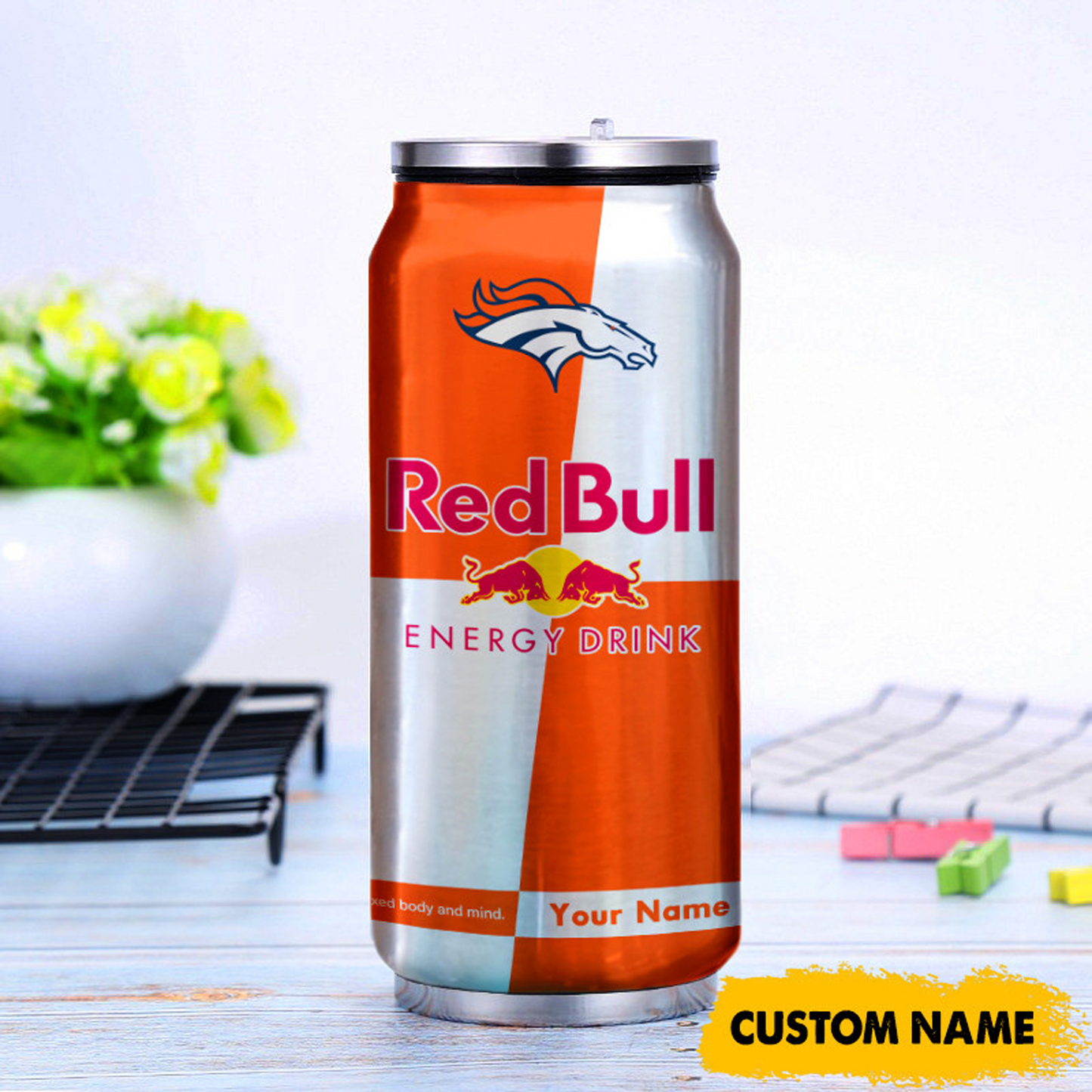 DEN x NFL Mix RedB Drink Can Tumbler Custom Any Name DATND TANTD