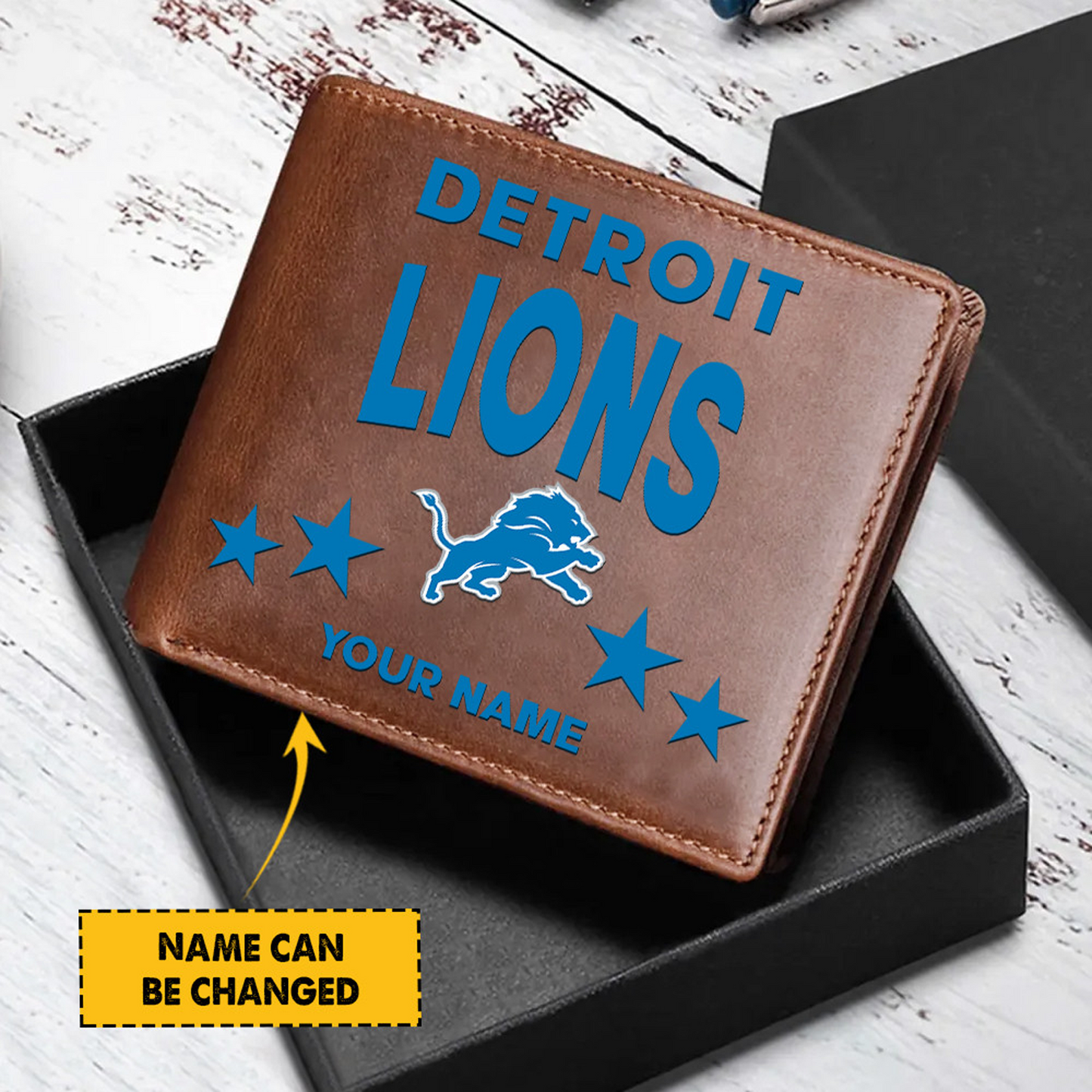 DET Football Leather Man Black Brown Wallet Personalized Any Name DATND TANTD