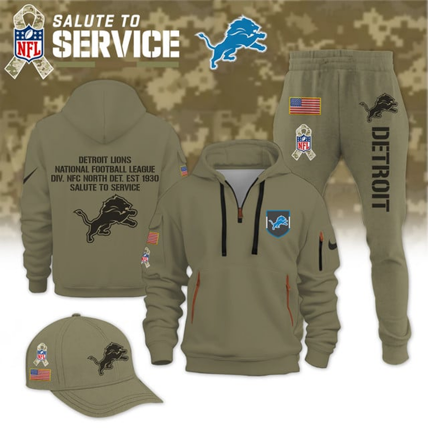 DET X NFL Casual Outfit Set - Hoodie, Jogger, and Cap V1 NAK THUONGNH