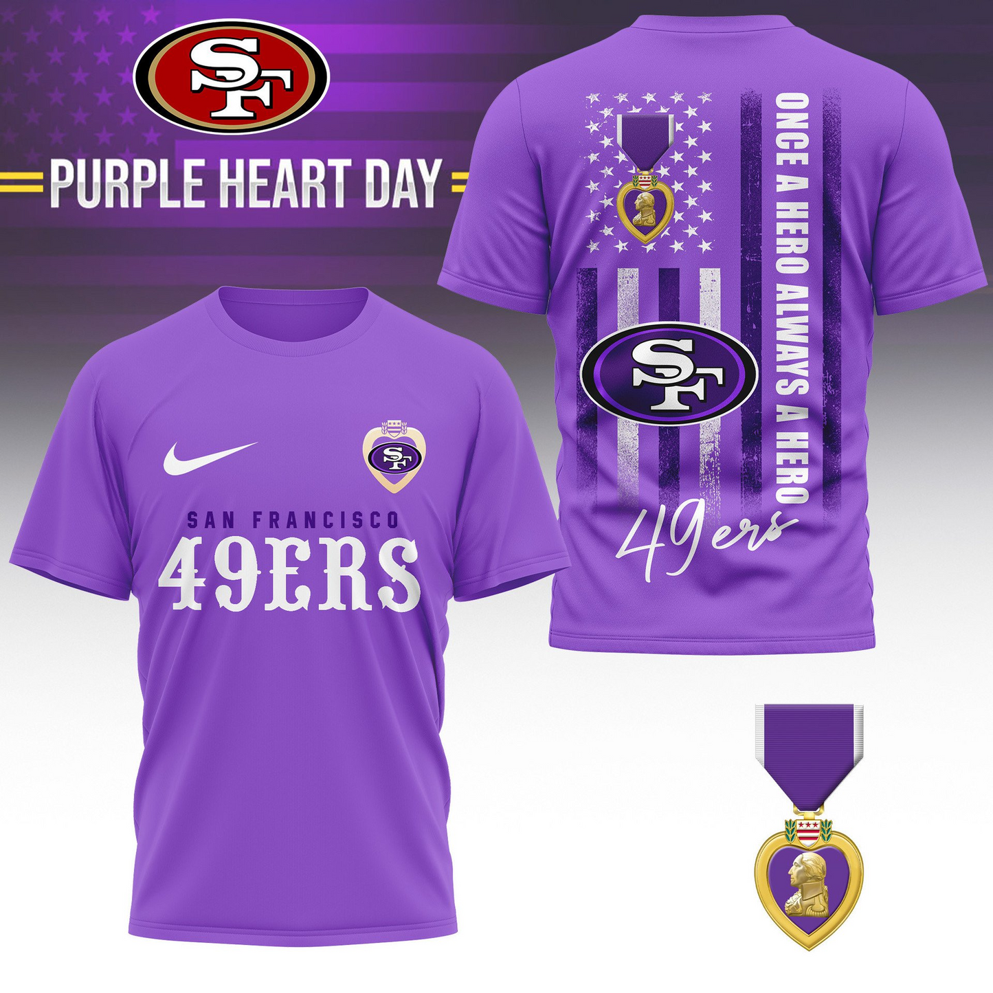 SF 49ers Premium National Purple Hear Day 3D Shirt DDT TTV