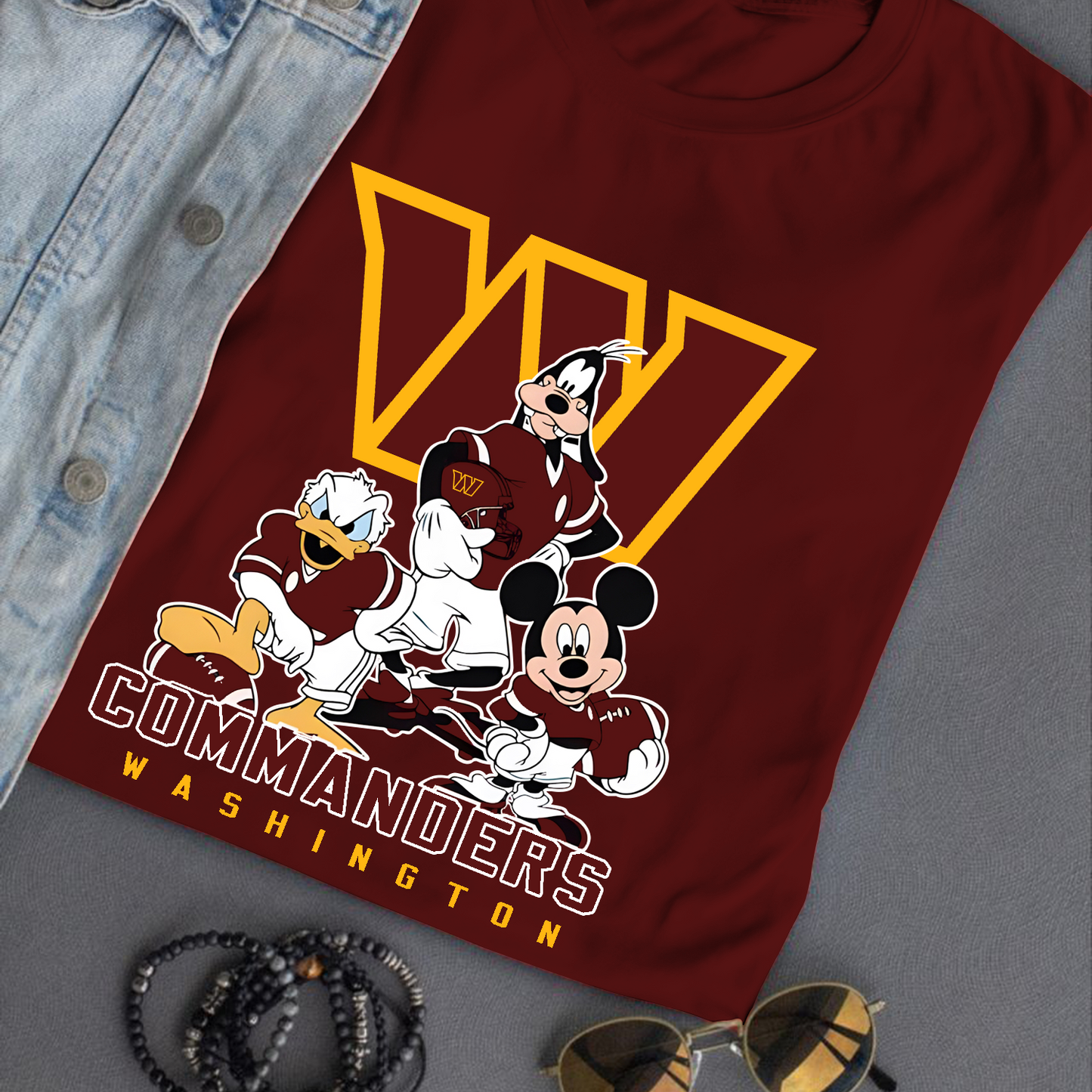 Washington Commanders Mickey Goofy Donald Disney NFL T-Shirt DATND TANTD
