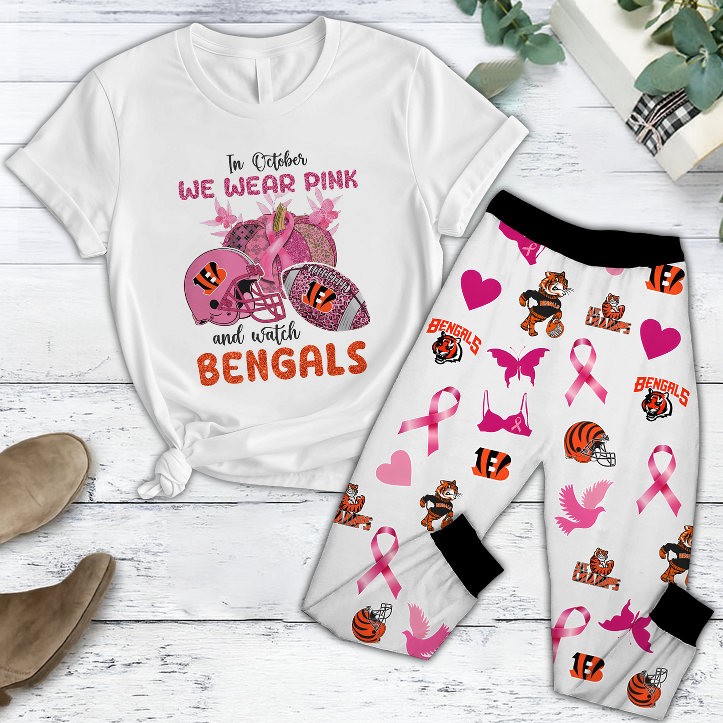 In October We Wear Pink And Watch CIN NFL Pajamas Set DatND DVT
