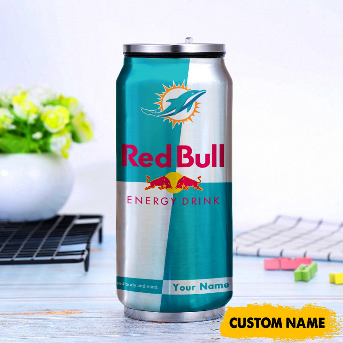 MIA x NFL Mix RedB Drink Can Tumbler Custom Any Name DATND TANTD