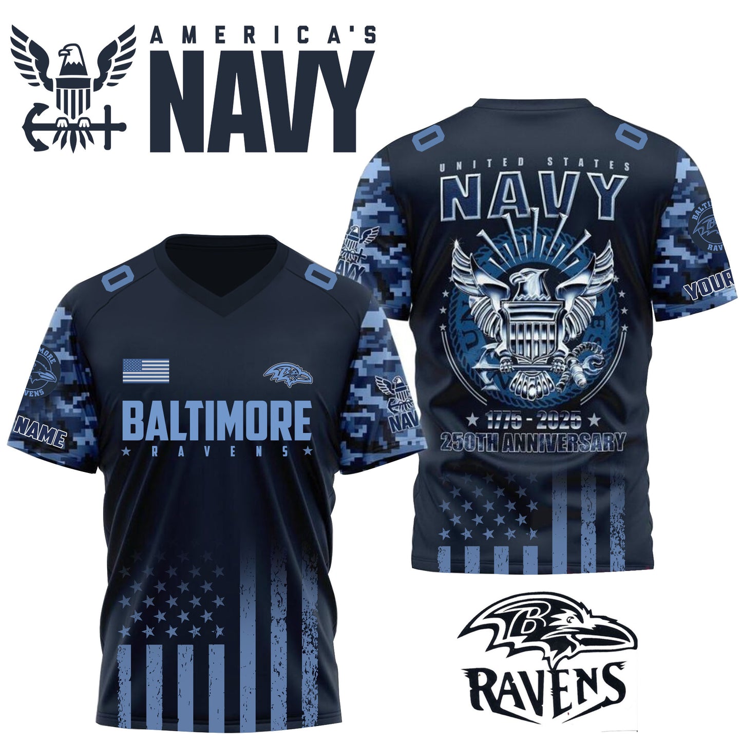 NFL x BAL U.S Navy 250th Celebration Premium-V-neck Short Sleeve Jersey HLP 271025