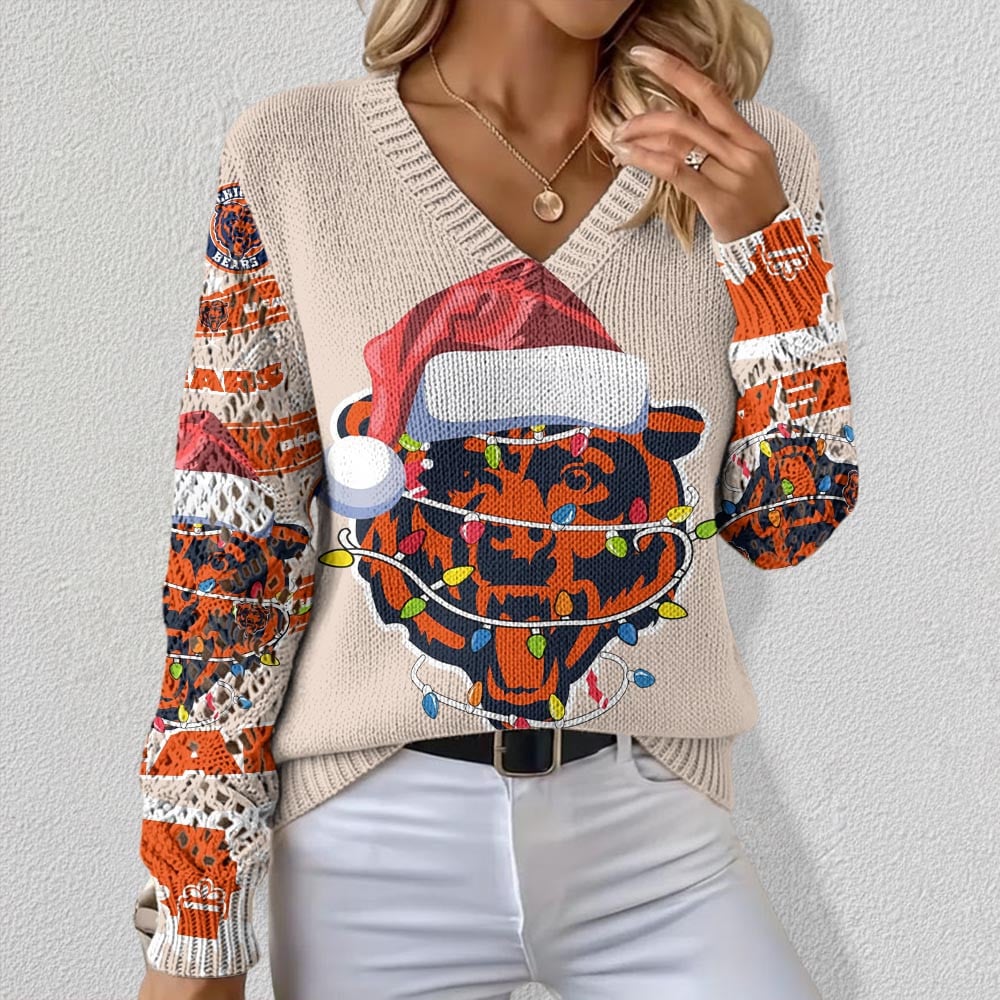 NFL x CHI Christmas Crochet Sleeve V-Neck Sweater HLP