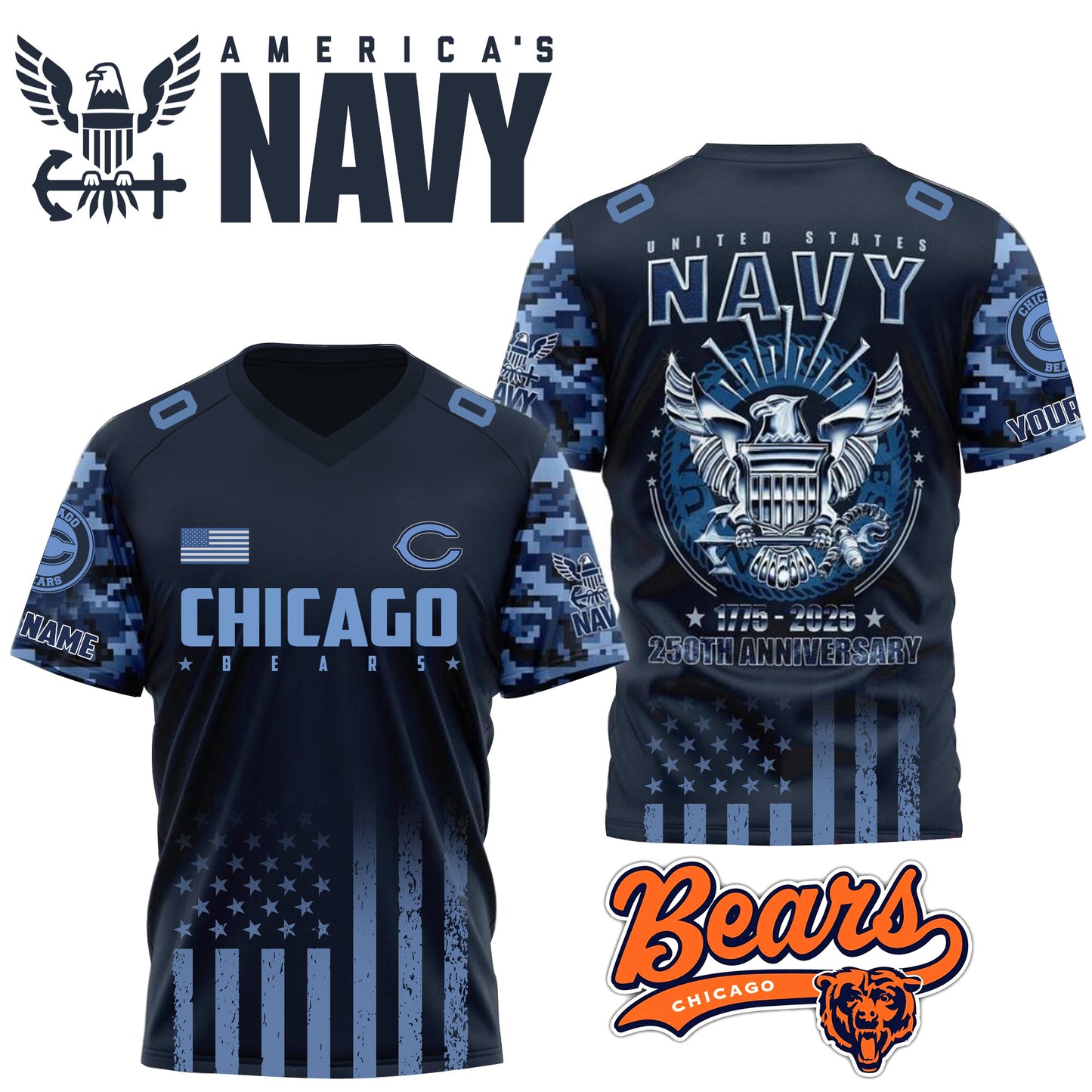 NFL x CHI U.S Navy 250th Celebration Premium-V-neck Short Sleeve Jersey HLP 271025