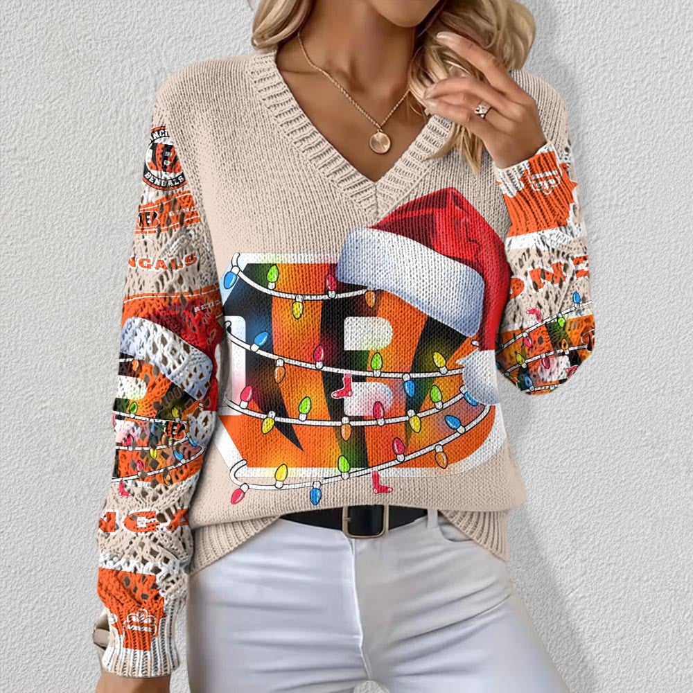 NFL x CIN Christmas Crochet Sleeve V-Neck Sweater HLP