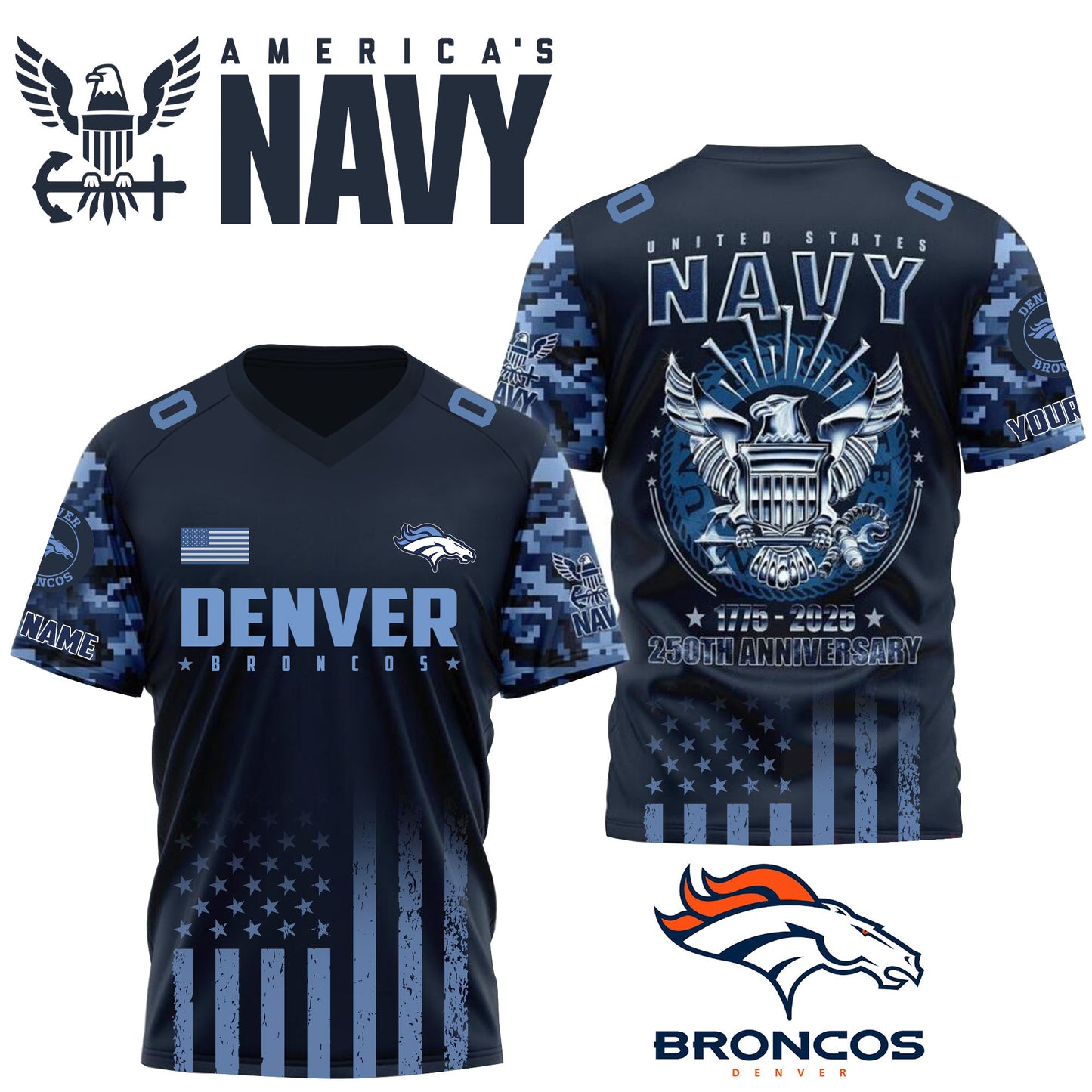 NFL x DEN U.S Navy 250th Celebration Premium-V-neck Short Sleeve Jersey HLP 271025