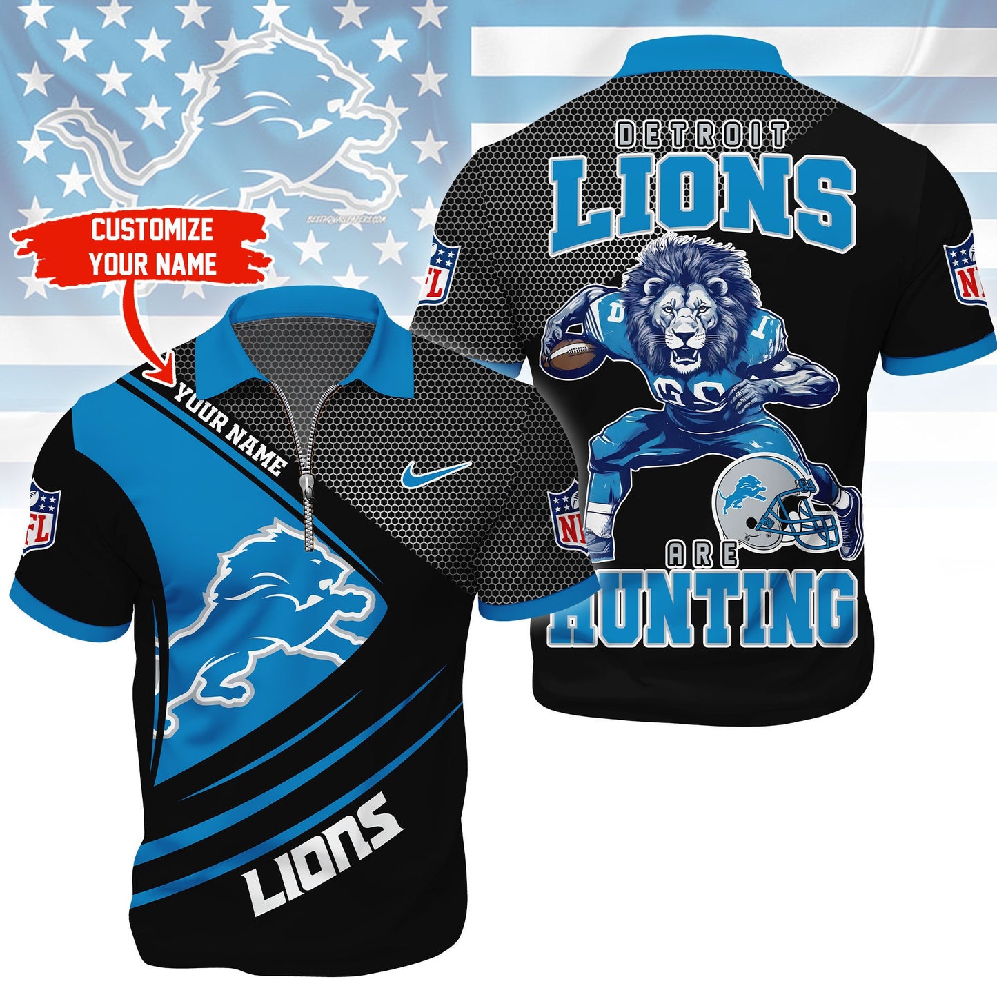 NFL x DET Game Day Personalized Polo With Zipper Shirt HLP