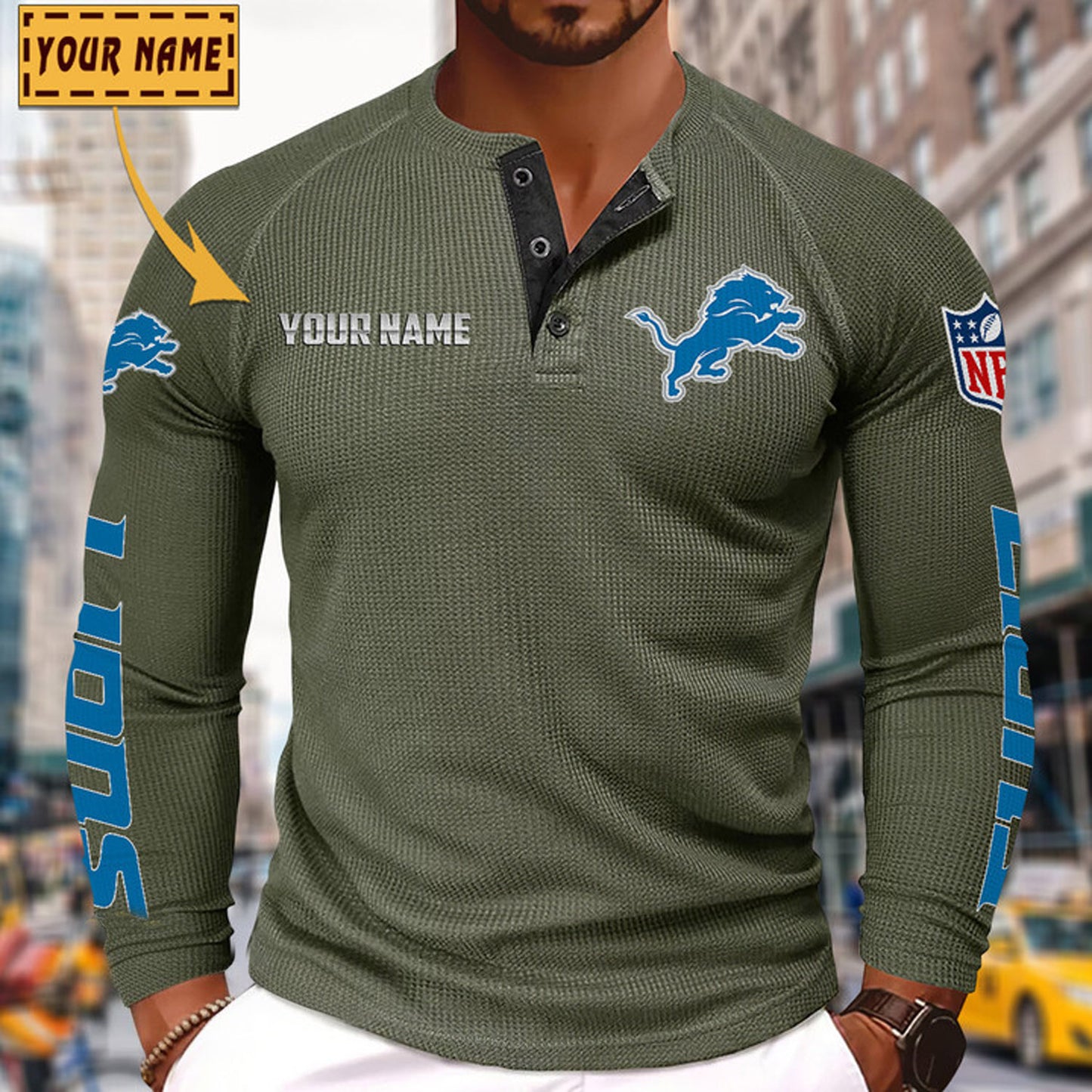 NFL x DET Solid color long sleeve bottoming shirt henley shirt V1 NAK NHM