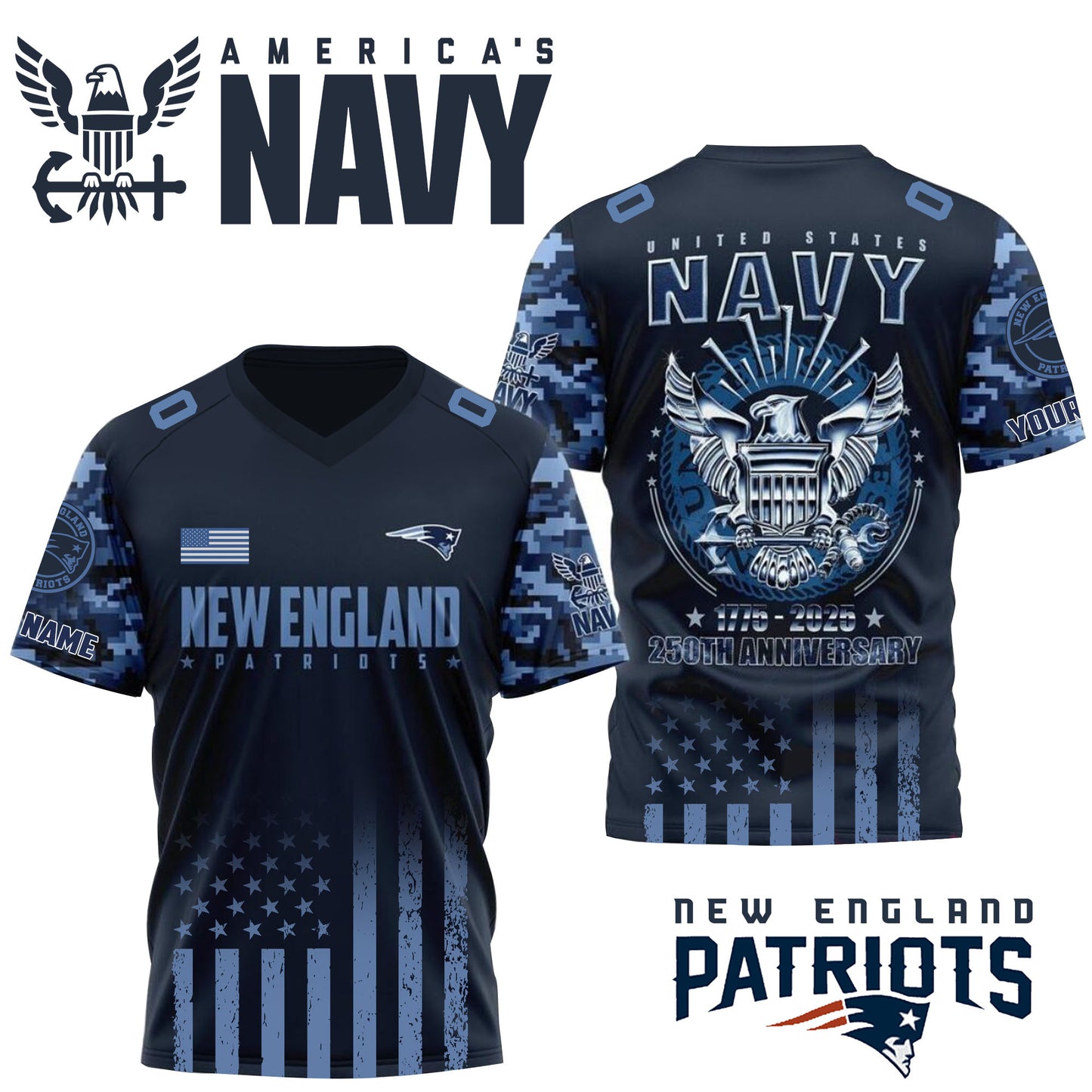 NFL x NE U.S Navy 250th Celebration Premium-V-neck Short Sleeve Jersey HLP 271025