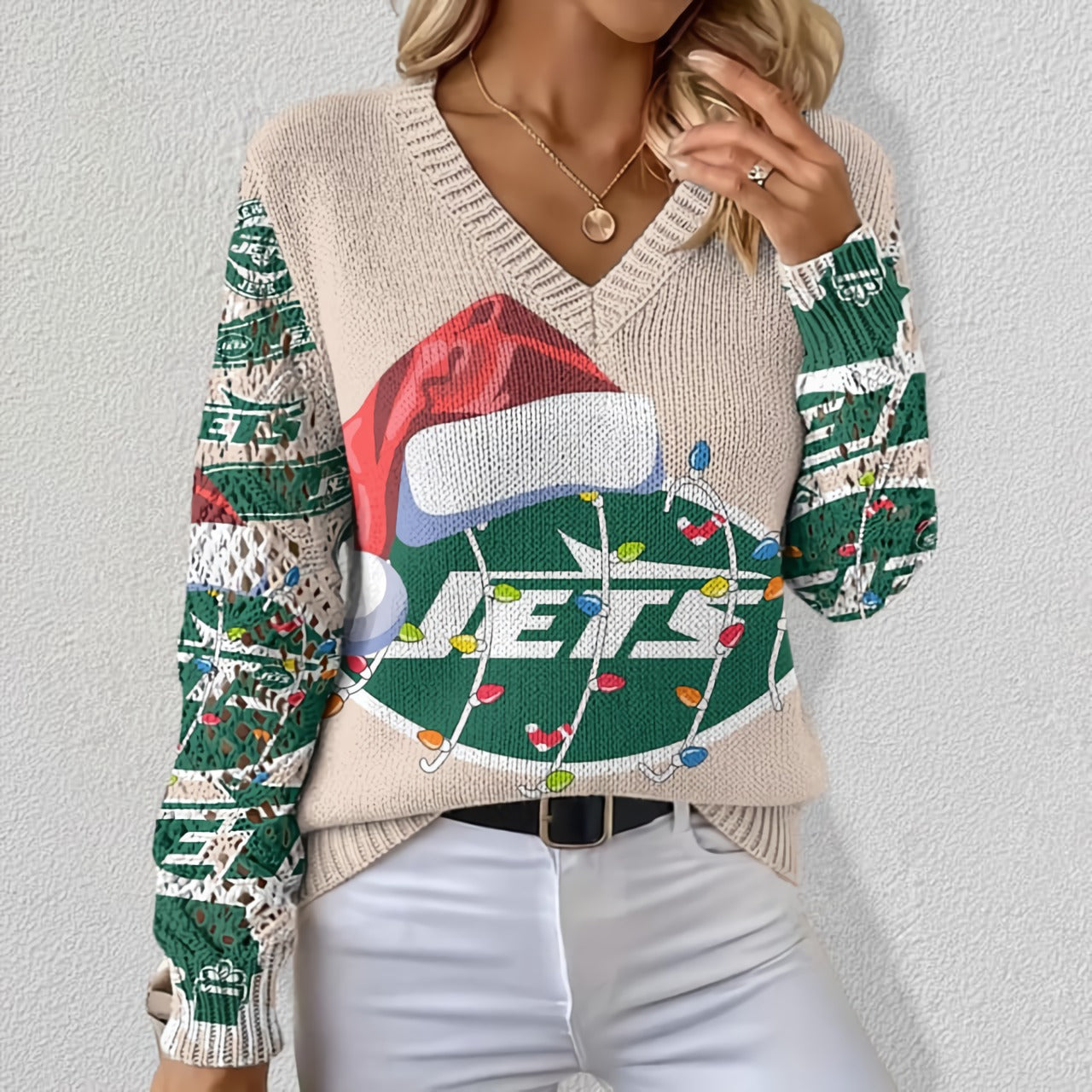 NFL x NYJ Christmas Crochet Sleeve V-Neck Sweater HLP