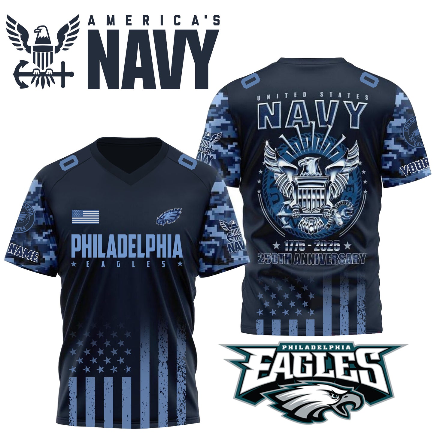 NFL x PHI U.S Navy 250th Celebration Premium-V-neck Short Sleeve Jersey HLP 271025