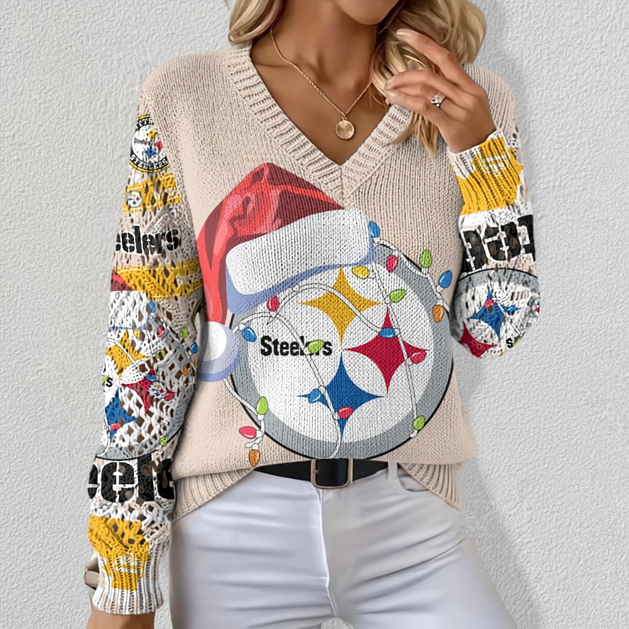 NFL x PIT Christmas Crochet Sleeve V-Neck Sweater HLP