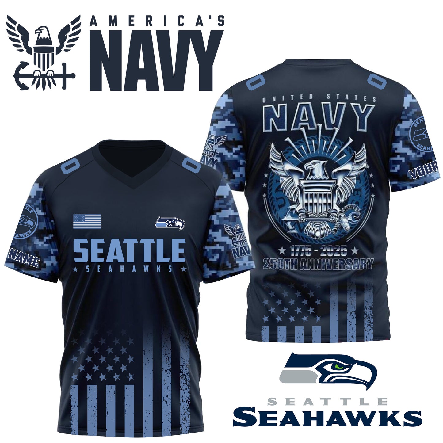 NFL x SEA U.S Navy 250th Celebration Premium-V-neck Short Sleeve Jersey HLP 271025