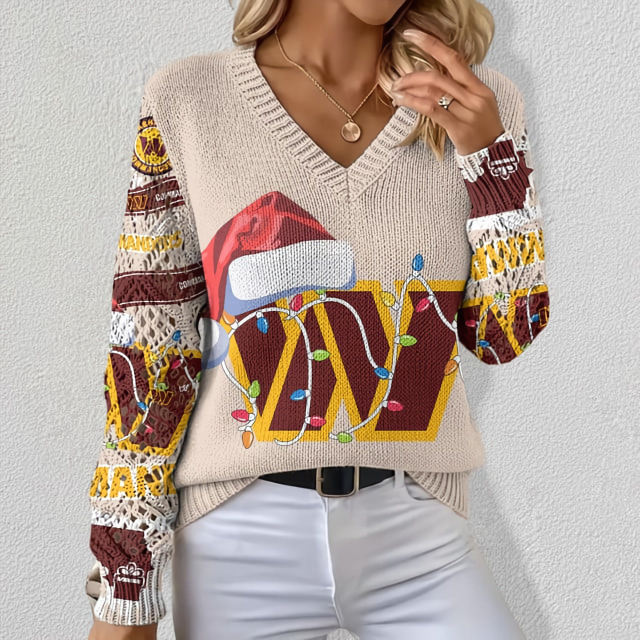 NFL x WAS Christmas Crochet Sleeve V-Neck Sweater HLP