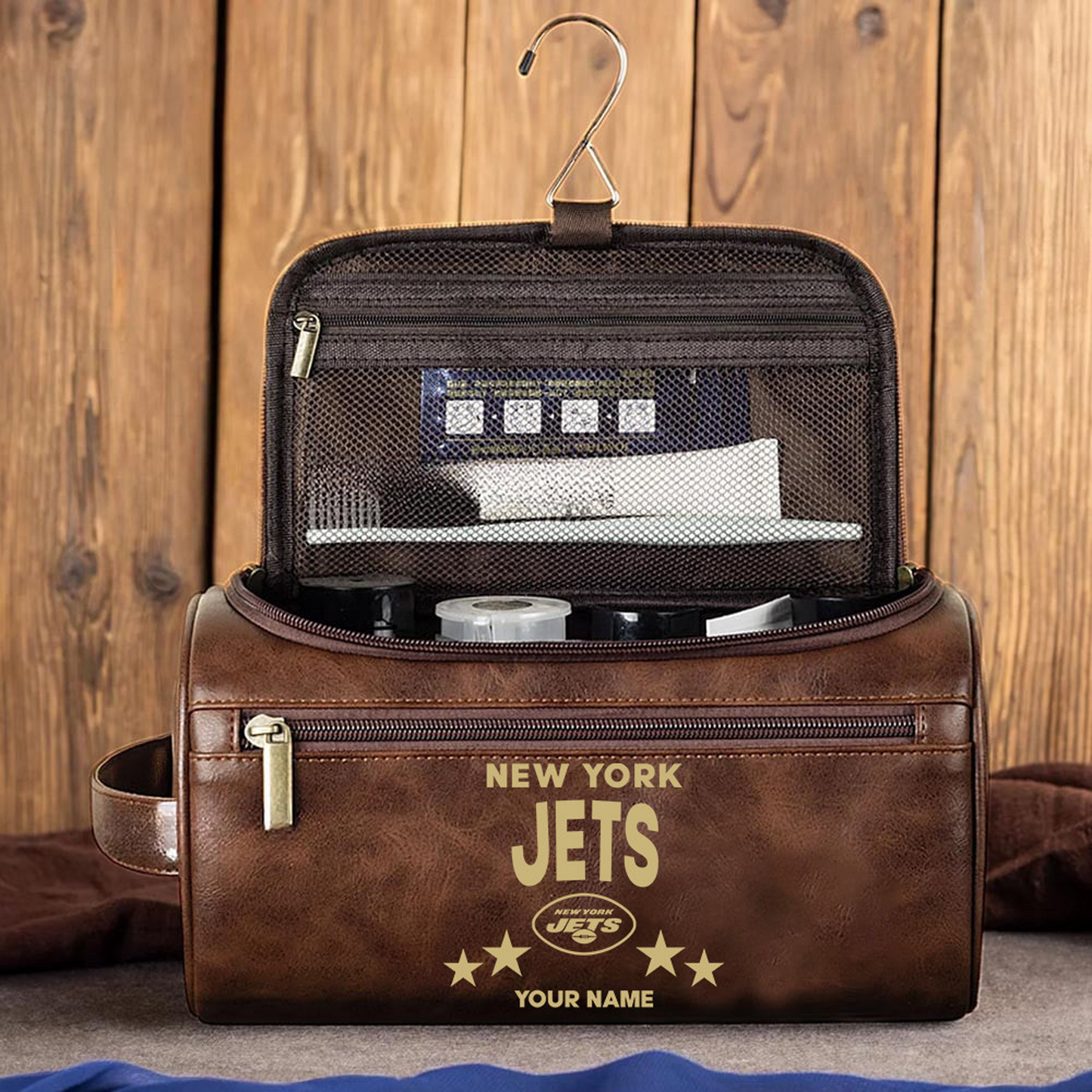 NYJ Football Men Leather Toiletry Bag Custom Any Name DATND TANTD