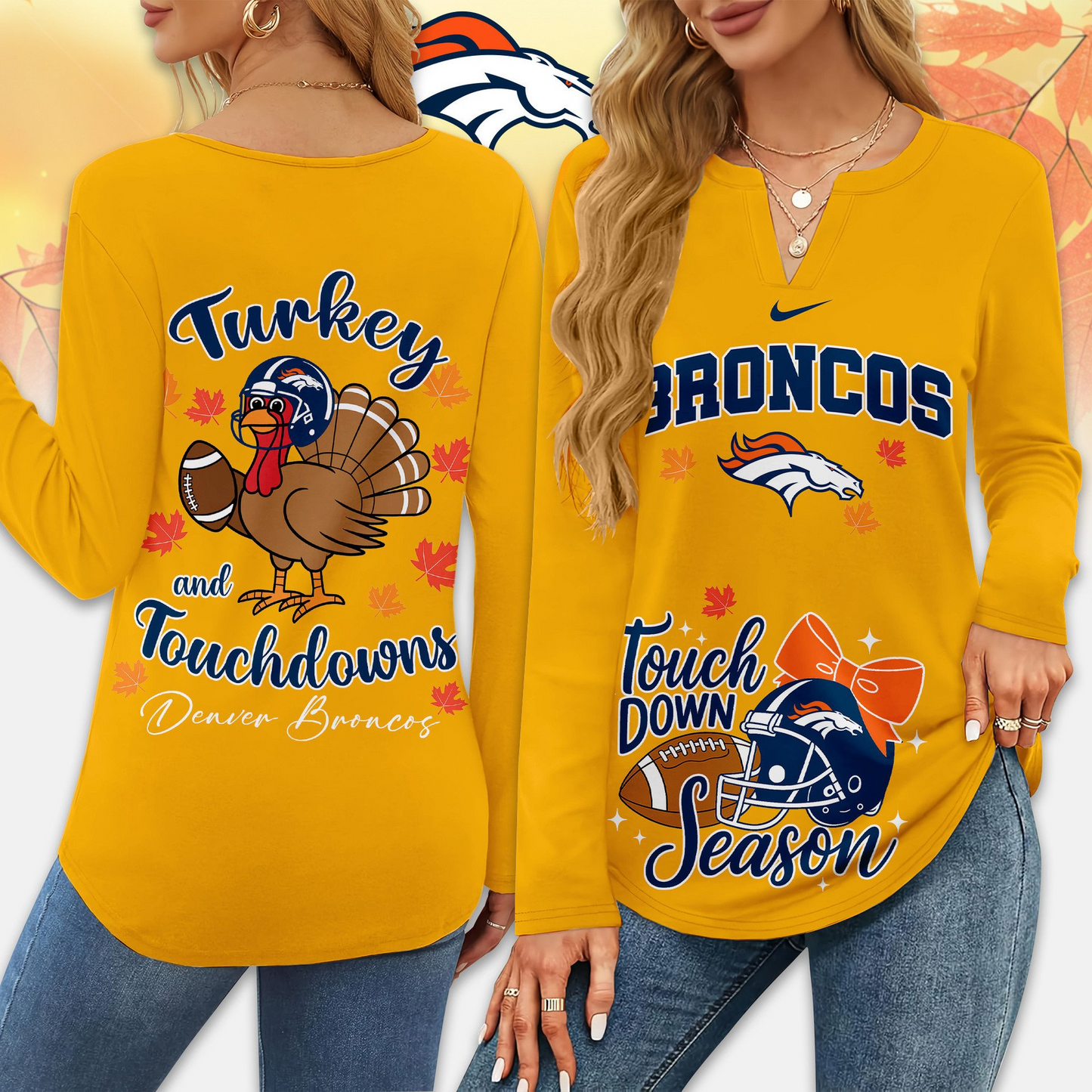 Premium NFL x BRON Turkey and Touchdowns V-neck Long Sleeve Shirt NDT NHM