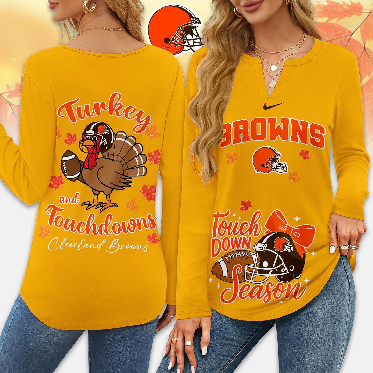 Premium NFL x CLEV Turkey and Touchdowns V-neck Long Sleeve Shirt NDT NHM