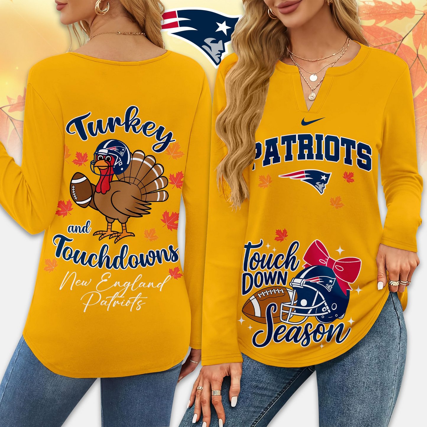 Premium NFL x PET Turkey and Touchdowns V-neck Long Sleeve Shirt NDT NHM
