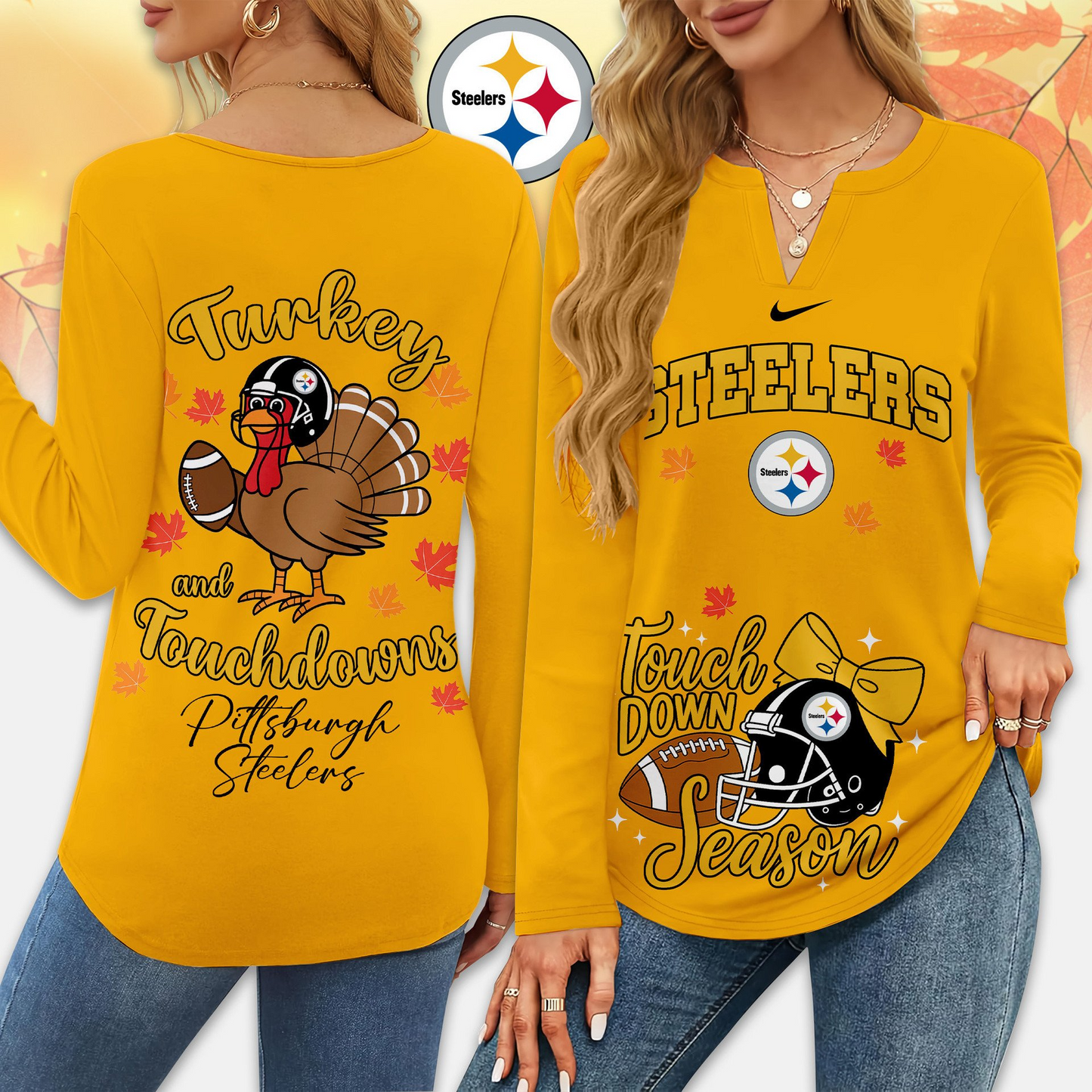 Premium NFL x PIT Turkey and Touchdowns V-neck Long Sleeve Shirt NDT NHM