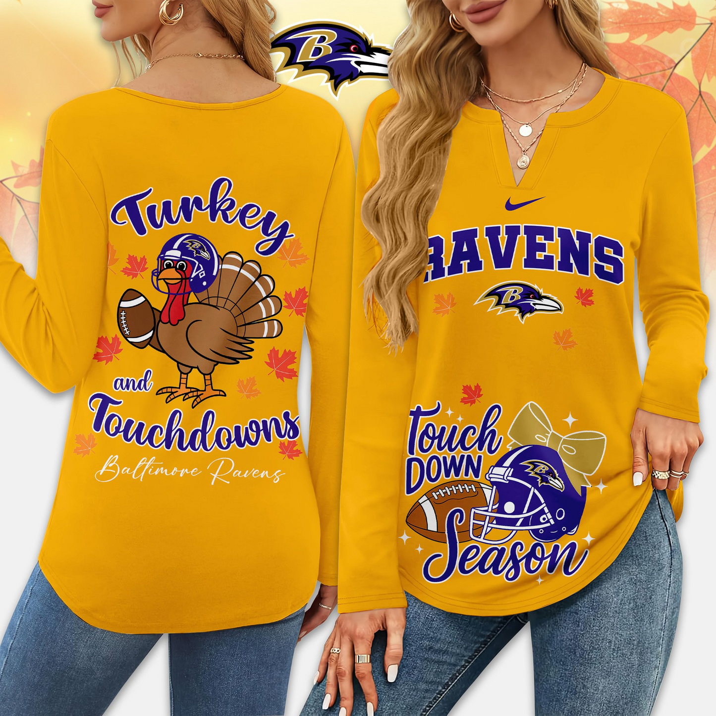 Premium NFL x RAVE Turkey and Touchdowns V-neck Long Sleeve Shirt NDT NHM