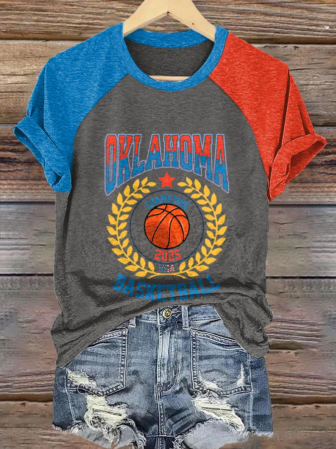 Retro Raglan Sleeves Color Block Oklahoma Basketball 2025 Champions USA Print T-Shirt DDT NTL