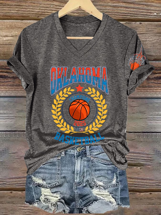 V-Neck Retro Oklahoma Basketball 2025 Champions USA Print T-Shirt DDT NTL