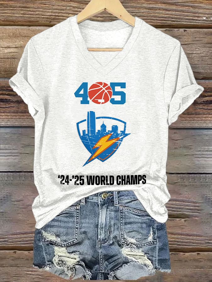 Women's 405 Basketball World Champs Print V Neck T-shirt DDT NTL