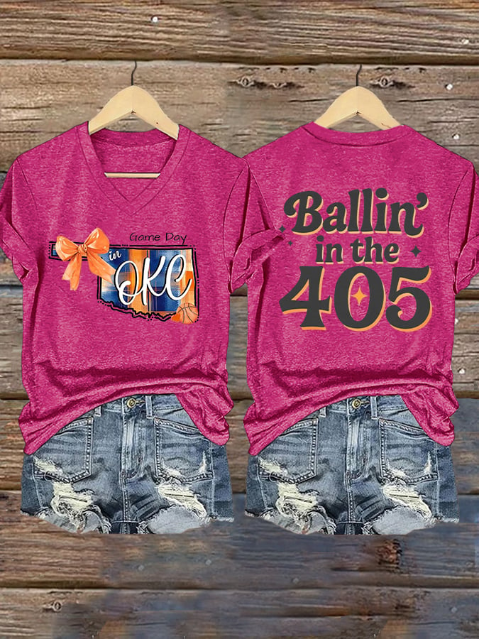 Women's Ballin' In The 405 Print V Neck T-shirt DDT NTL