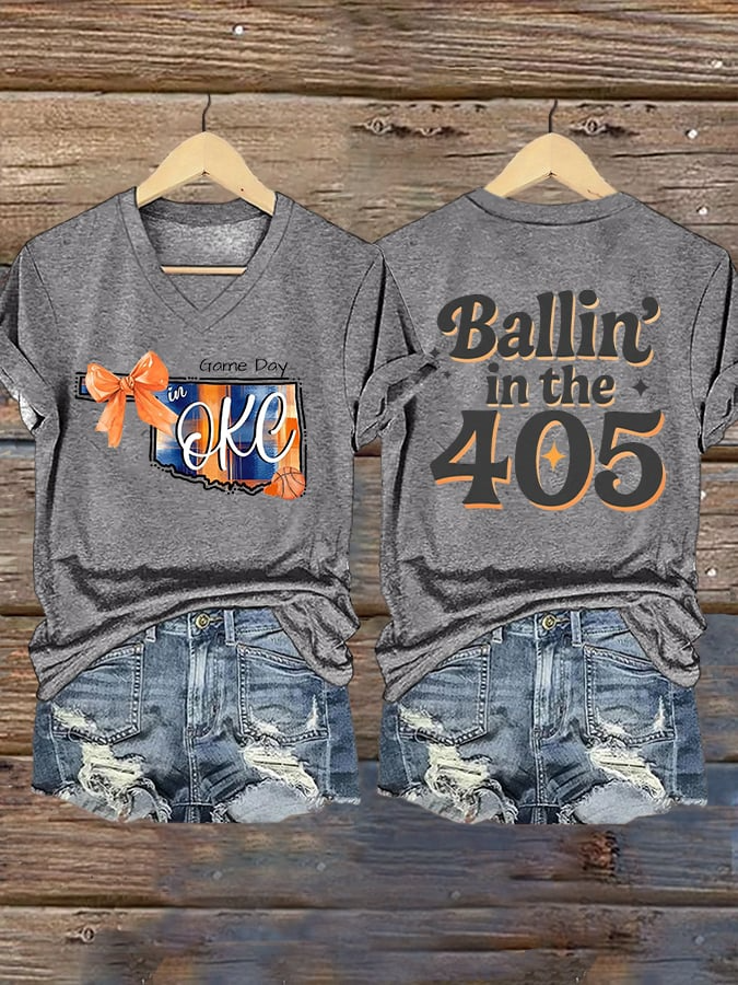 Women's Ballin' In The 405 Print V Neck T-shirt DDT NTL