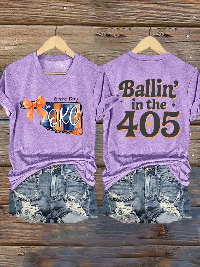 Women's Ballin' In The 405 Print V Neck T-shirt DDT NTL