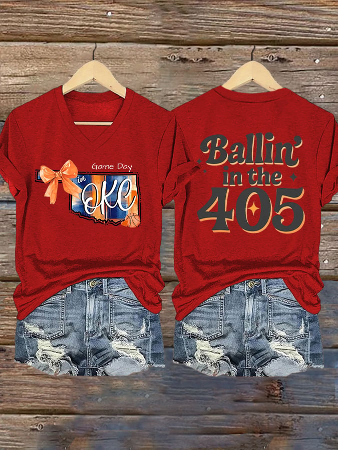 Women's Ballin' In The 405 Print V Neck T-shirt DDT NTL