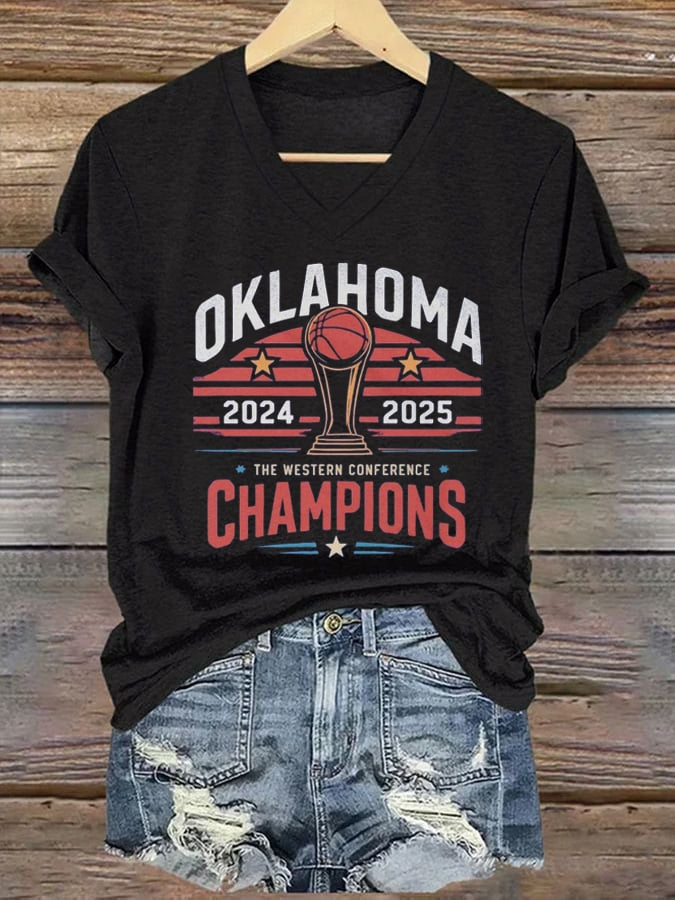 Women's Oklahoma 2024-2025 Champions of the West Basketball Print V-Neck T-Shirt DDT NTL