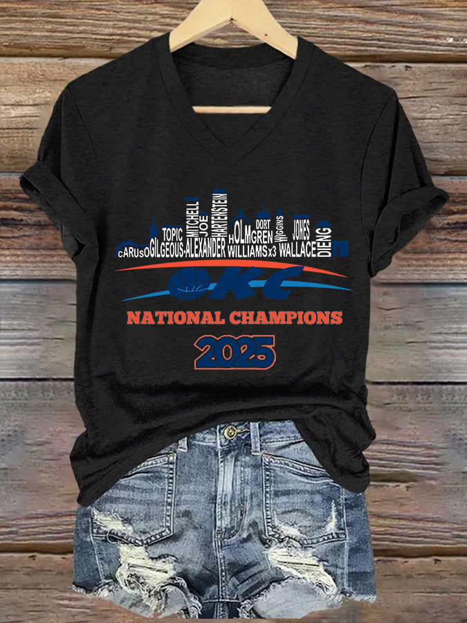 Women's Oklahoma 2025 Champions Basketball Print V3 V-Neck T-Shirt DDT NTL