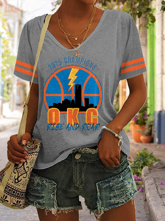 Women's Retro 2025 Champions OKC Rise And Roar Print V Neck T-Shirt DDT NTL