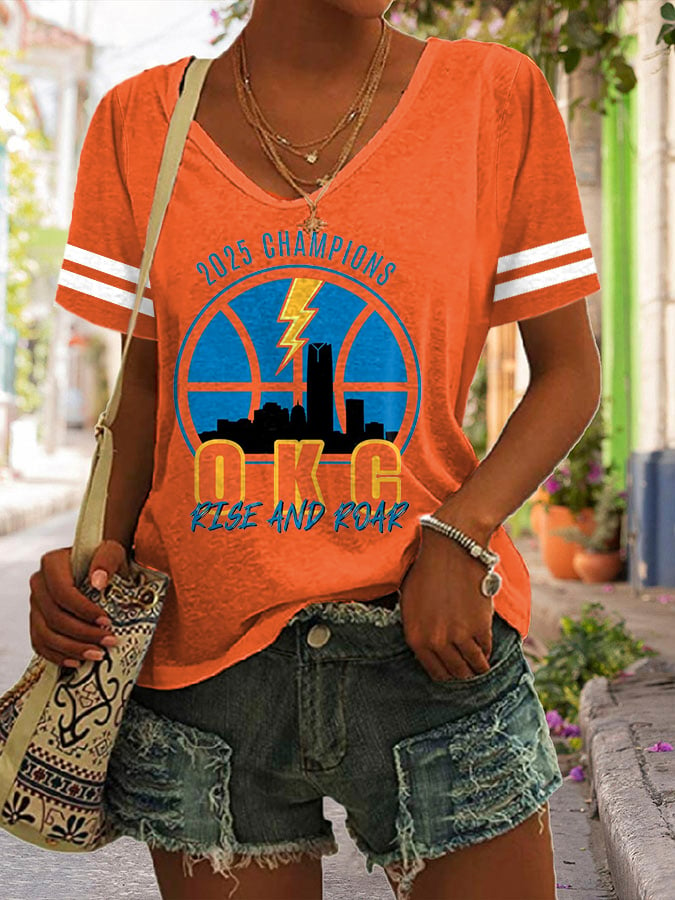 Women's Retro 2025 Champions OKC Rise And Roar Print V Neck T-Shirt DDT NTL