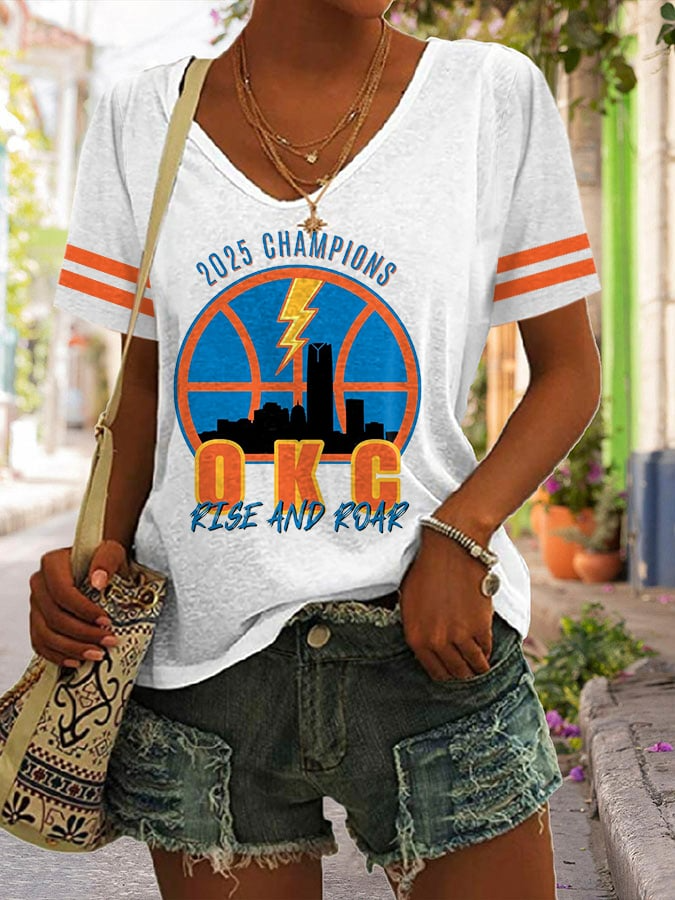 Women's Retro 2025 Champions OKC Rise And Roar Print V Neck T-Shirt DDT NTL