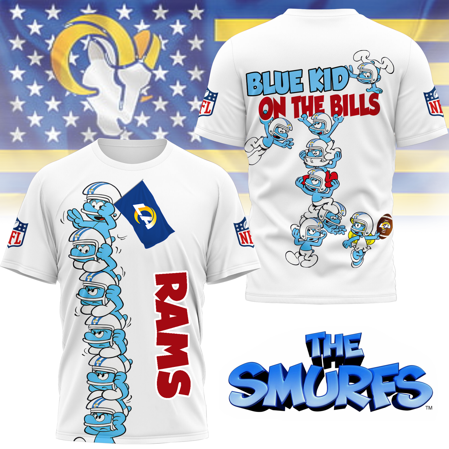 LAR Premium NFL x Smurfs 3D Shirt DDT 220725 CTND