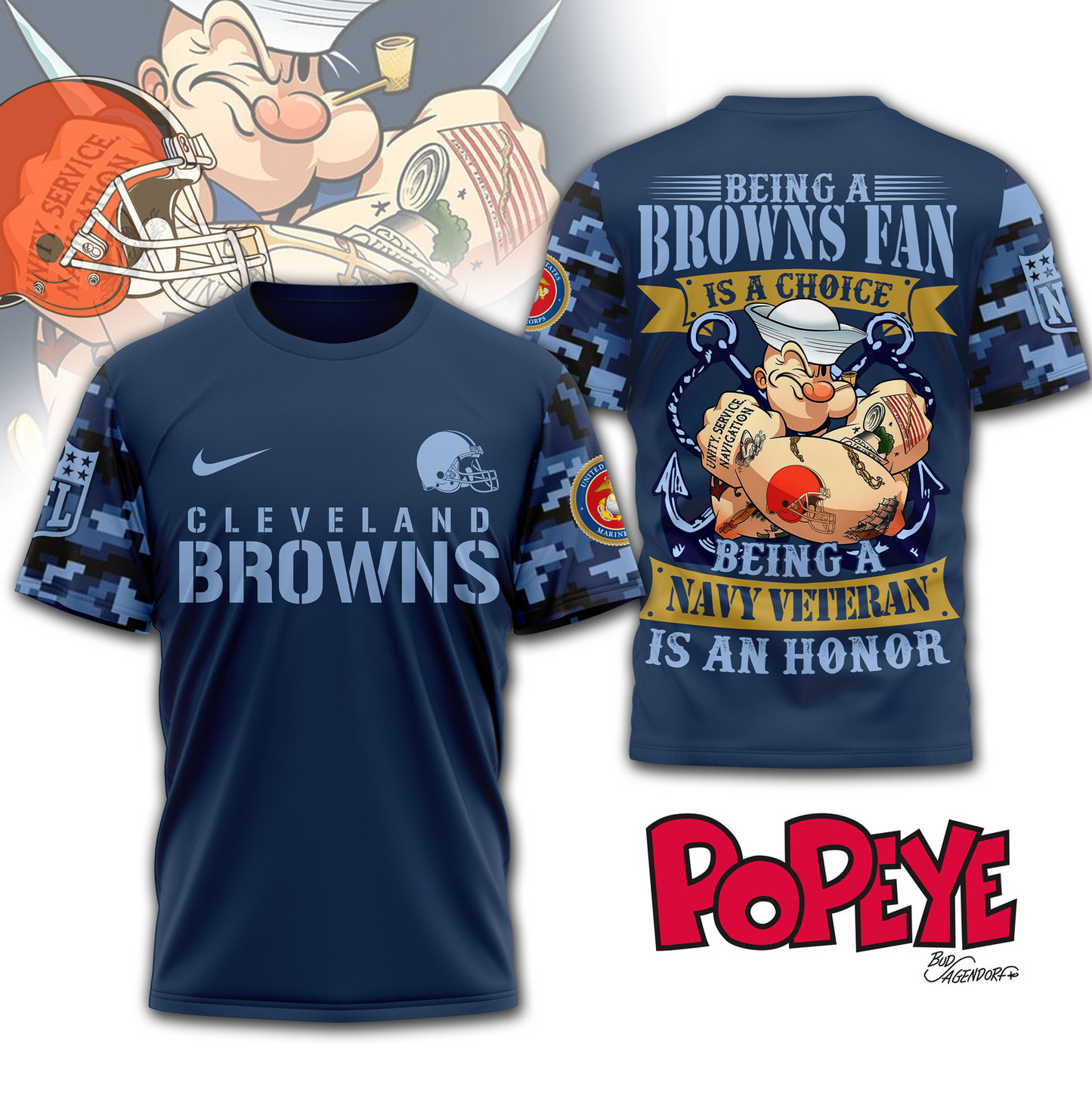 CLE Premium NFL Navy Veteran Popeye 3D Shirt DDT CTND