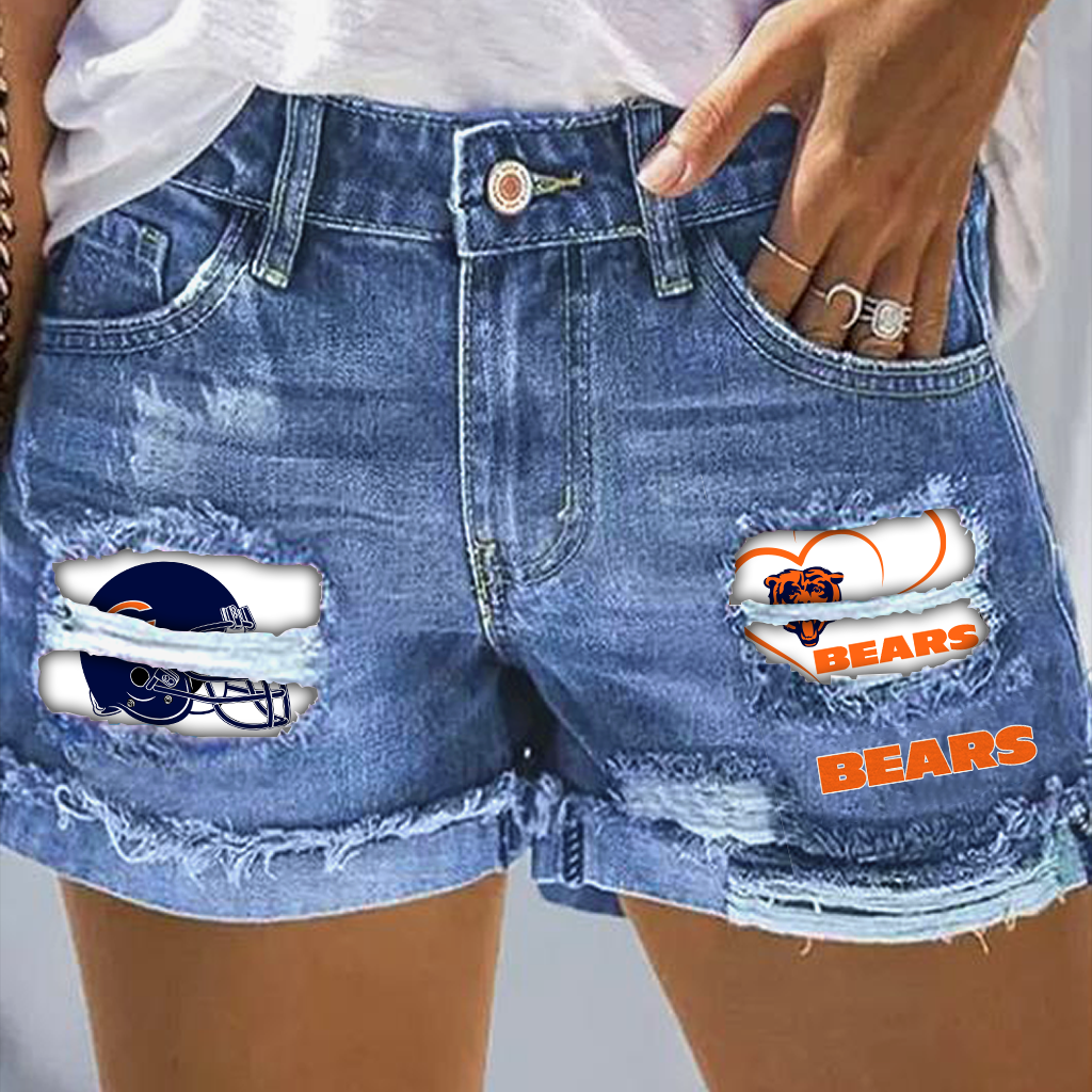 Chicago Bears Rip Print Fashion Denim Shorts 0204 DatND DVT