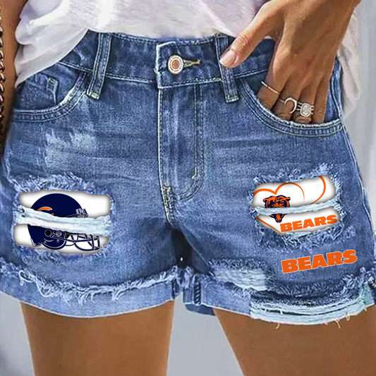 Chicago Bears Rip Print Fashion Denim Shorts 0204 DatND DVT