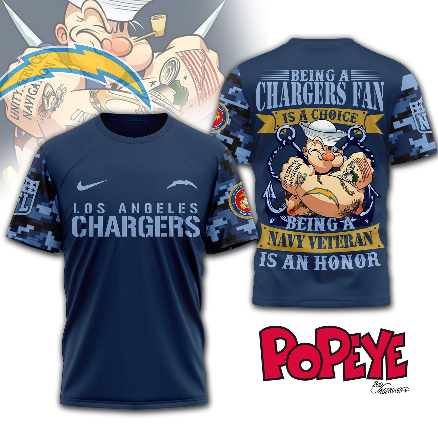 LAC Premium NFL Navy Veteran Popeye 3D Shirt DDT CTND