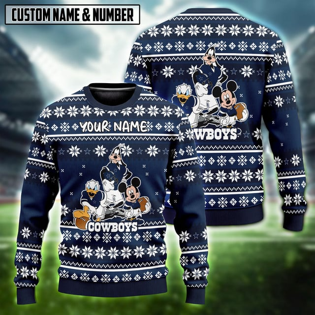 NFL x DAL Disney Donald Duck Mickey Mouse Goofy Ugly Christmas Sweater V1 NAK