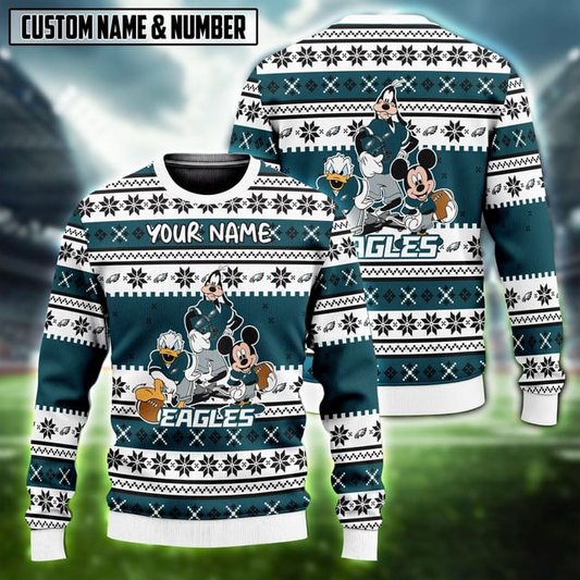 NFL x PE Disney Donald Duck Mickey Mouse Goofy Ugly Christmas Sweater V1 NAK