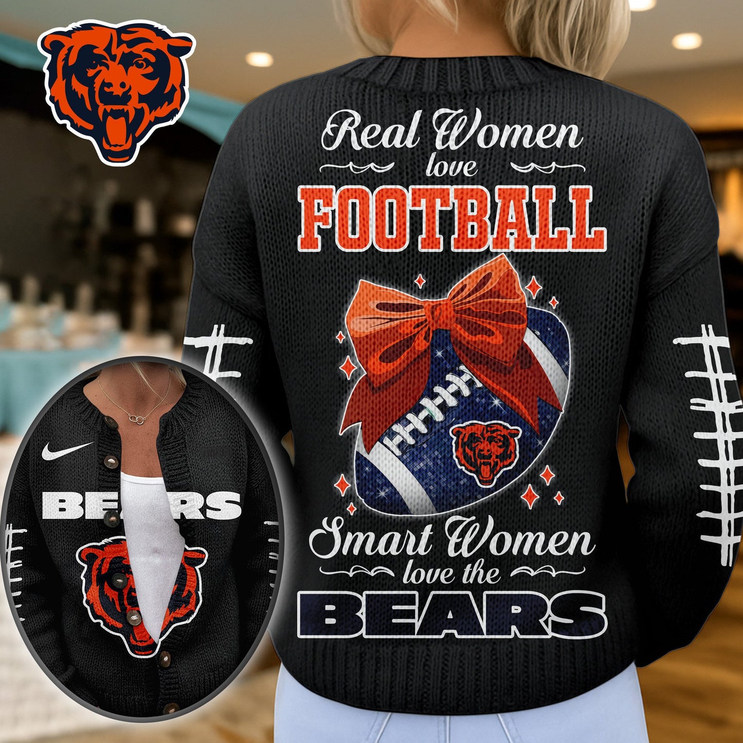 Premium NFL X CHI Smart Woman Love Football Cozy Split Knit Cardigan NDT NHM