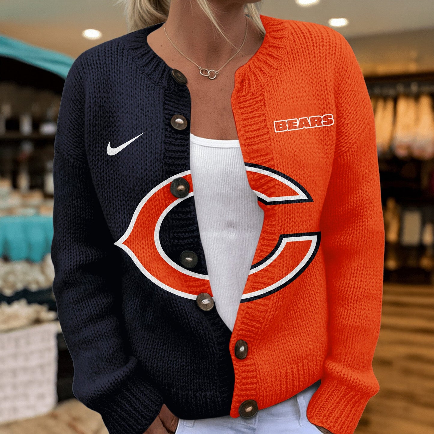 Premium NFL X CHI Smart Woman Love Football Cozy Split Knit Cardigan V2 NDT NHM