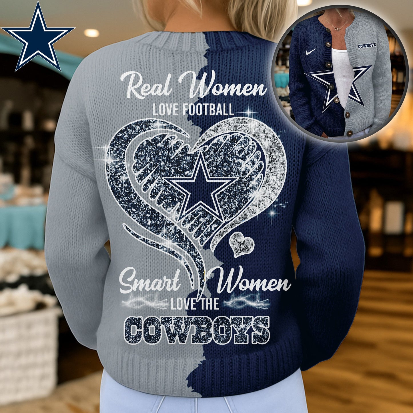 Premium NFL X DAL Smart Woman Love Football Cozy Split Knit Cardigan V2 NDT NHM